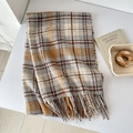 Detail of soft plaid scarf with fringe edge, gray and mustard yellow woven texture - Camel Gray
