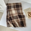 Macro detail of soft plaid scarf with tassels in brown and beige autumn tones - Dark Coffee