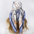 90x90cm satin square headscarf with vintage golden chain pattern in navy blue and beige - 90x90cm / Blue Sailboat