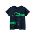 Marineblaues Kinder-T-Shirt aus Baumwolle mit grünem Krokodil- und orangefarbenem Fischprint - 130cm / Königsblau