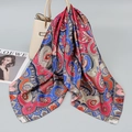 90cm square satin silk scarf with vintage paisley print in red and blue colors - Rose Cashew