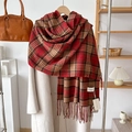 Detail shot of soft red plaid cashmere-like scarf with long fringe and classic pattern - Over 175cm / Red