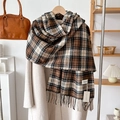 Detail of brown plaid scarf with tassels and brand tag on a stylish wool coat - Over 175cm / Beige Coffee