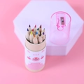 12-Farben Mini-Buntstifte Set in Bären-Papierrolle mit integriertem Spitzer im Deckel - Rosa Bären-Stil