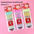 Lot de 6 crayons HB de dessin animé avec gommes en vert, rose et jaune - 6 Pièces Crayons Pointus en Sachet (DS9803-6)