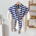 Sciarpa a triangolo in maglia a righe da donna con pompon grigi e motivo a blocchi blu-grigio - Righe Blu e Grigio