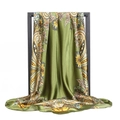 Olive green paisley satin silk square scarf with vintage floral print hanging display - Olive Green