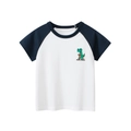 White and navy blue raglan sleeve toddler t-shirt with green dinosaur skate racer print - Off White/Royal Blue / 90cm