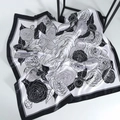 Bohemian black and white camellia print silk-like square scarf with elegant black border - 90x90cm / 15# Camellia (Black & White)