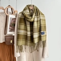 Sciarpa classica a quadretti verde oliva e beige con lunghe nappe per il calore invernale - Giallo Senape