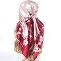 Pink gradient floral satin square scarf shown as a headband on a blonde mannequin - 19# Wine Red Plum