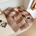 Brown and beige plaid scarf featuring houndstooth patterns and soft tassel details - Over 175cm / Coffee (Tiger Eye Texture)