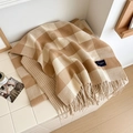 Classic beige and brown checkered scarf with fringe trim in a soft pashmina-style fabric - Over 175cm / Camel