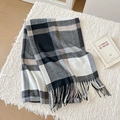 Plaid scarf in black, grey and camel tones with fringe on a plush background - Black-Grey Plaid