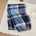 Soft blue plaid scarf with classic British check pattern and fringe tassel edges - Navy Plaid
