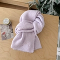 Soft lavender wool blend knit scarf with bow embroidery on light wood background - Light Purple