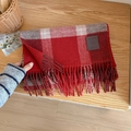 Classic red and white checkered wool scarf with fringes and a leather logo tag - 33x190cm / Wine Red