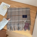 Classic British style wool blend plaid scarf with fringe and brand label on wood background - Coffee Gray Interwoven Plaid (10#) / 32x200cm