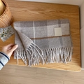 Classic coffee and grey wool plaid scarf featuring long tassels and a leather brand patch - 33x190cm / Light Mocha