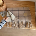 Classic plaid wool scarf in beige and coffee brown with tassels and leather label - 33x190cm / Camel