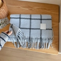 Classic checkered wool scarf in light blue and grey tones with stylish fringe edges - 33x190cm / Blue Gray