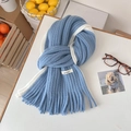 Blue and white chunky knit mohair scarf with fringe tassels for winter warmth - Blue