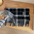 Classic wool blend scarf with black and grey plaid pattern and stylish fringe details - 33x190cm / Black