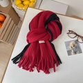 Soft red and black striped mohair scarf with tassels and woven label detail - Red