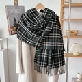 Detailaufnahme von dunkelgrünem und beige kariertem Schal mit Fransen auf Wintermantel - Schwarzes Streifenkaro