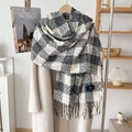 Dettaglio della sciarpa a quadri neri e bianchi in cashmere con frange su cappotto - Oltre 175cm / Nero e Bianco