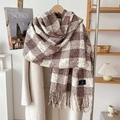 Sciarpa spessa in cashmere a quadri marrone e beige con lunghe frange su un cappotto beige - Oltre 175cm / Beige Caffè