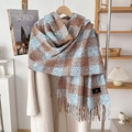 Detail of blue and brown plaid cashmere scarf with tassels styled on a wool coat - Over 175cm / Blue Coffee