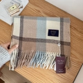 Classic blue and beige plaid wool blend scarf with handmade fringe and brand label - Blue Coffee Beige Plaid (3#) / 32x200cm