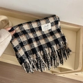 Black white and brown checkered cashmere-like scarf with fringe edges and brand label - Extended Version / Black Beige