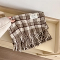 Classic brown and beige plaid scarf with thick fringe trim and a soft cashmere feel - Extended Version / Khaki