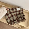 Classic green and brown plaid check tassel scarf in soft cashmere-like knit fabric - Extended Version / Coffee Green
