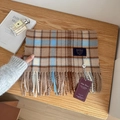 Classic plaid wool scarf in brown and light blue tones with elegant fringe detail - Brown Blue Beige Cream Plaid (13#) / 32x200cm