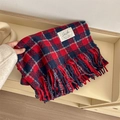 Red and blue plaid cashmere-like scarf with long tassels and vintage label details - Extended Version / Navy Red