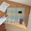 Light blue plaid wool scarf with yellow accents and soft fringe on wood surface - Light Blue Yellow Interwoven Plaid (16#) / 32x200cm