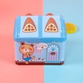 Blue tinplate house money box with cartoon bear and lock for kids room storage - Blue