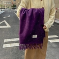 Deep purple winter scarf with colorful dots, long tassels and white woven brand label - Purple