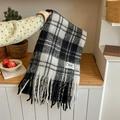 Classic black and white checkered faux cashmere scarf with long fringe and brand label - Long Plaid Tassel / Black