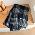 Navy blue and white checkered scarf with fringe tassels on a rustic wooden table - Navy Blue