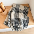 Beige houndstooth check pashmina scarf with long fringes and woven brand label - Off-white