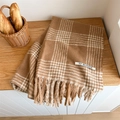 Classic houndstooth checkered scarf in warm brown and cream with soft tassels - Camel