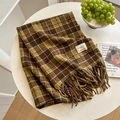Retro olive green and brown checkered tassel scarf made of soft imitation cashmere - Army Green