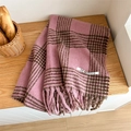 Classic pink and brown houndstooth pattern scarf with soft fringe and white woven label - Dusky Pink