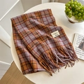 Vintage orange and purple plaid scarf with fringe tassels on white table setting - Light Purple
