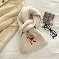Cream knit scarf with red bow embroidery and elegant lettering for winter fashion - Off White