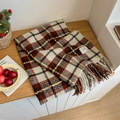 Classic plaid knit scarf with red and coffee checkered pattern and long fringe trim - Beige